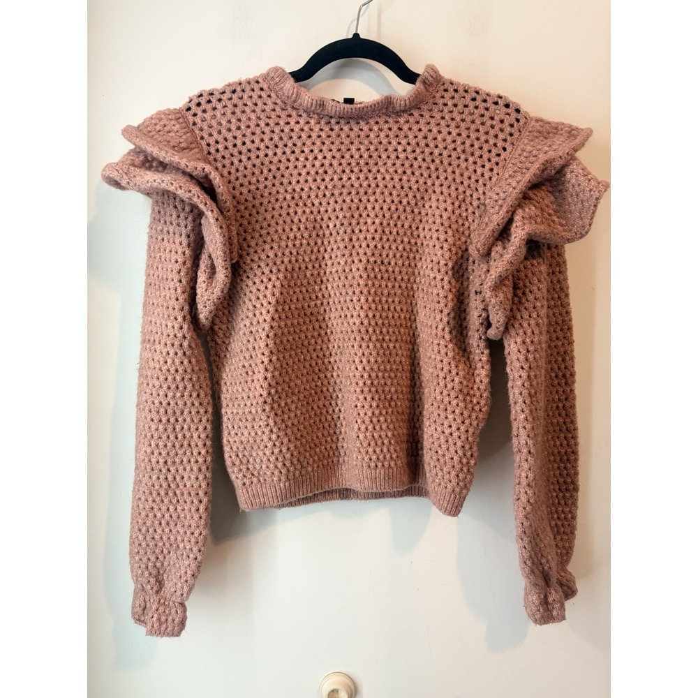 Broadway 38 M Pink Ruffle Shoulder Sweater Puff Sleeve‎ Textured Knit Cozy